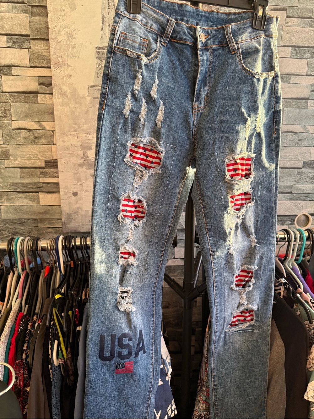 4th of July Jeans! Women’s Distressed Blue Jeans with USA Patch